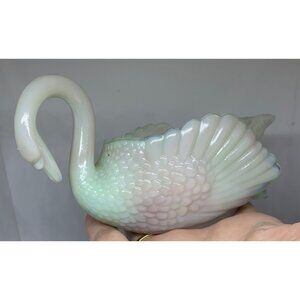 Vtg Boyd Glass Swan Open Candy Dish 5.25" Long Beige Pink Green